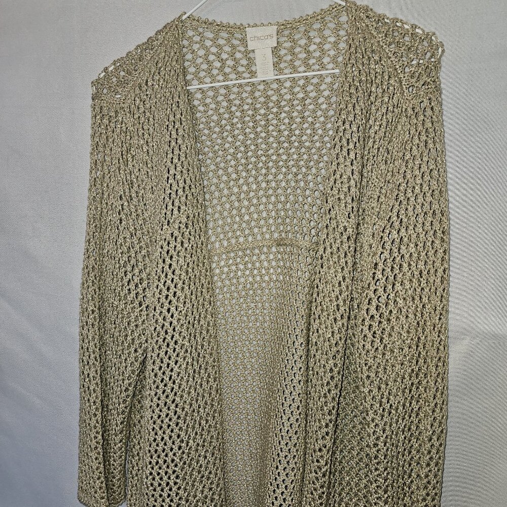 Chicos Women's Cardigan Sweater Metallic Crochet Open Front Size 3